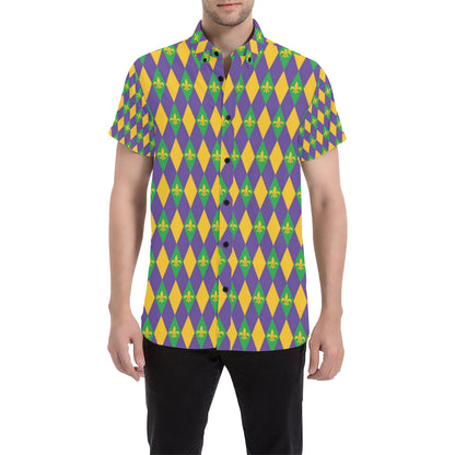 Mardi Gras Pattern Print Design 05 Men's Short Sleeve Button Up Shirt