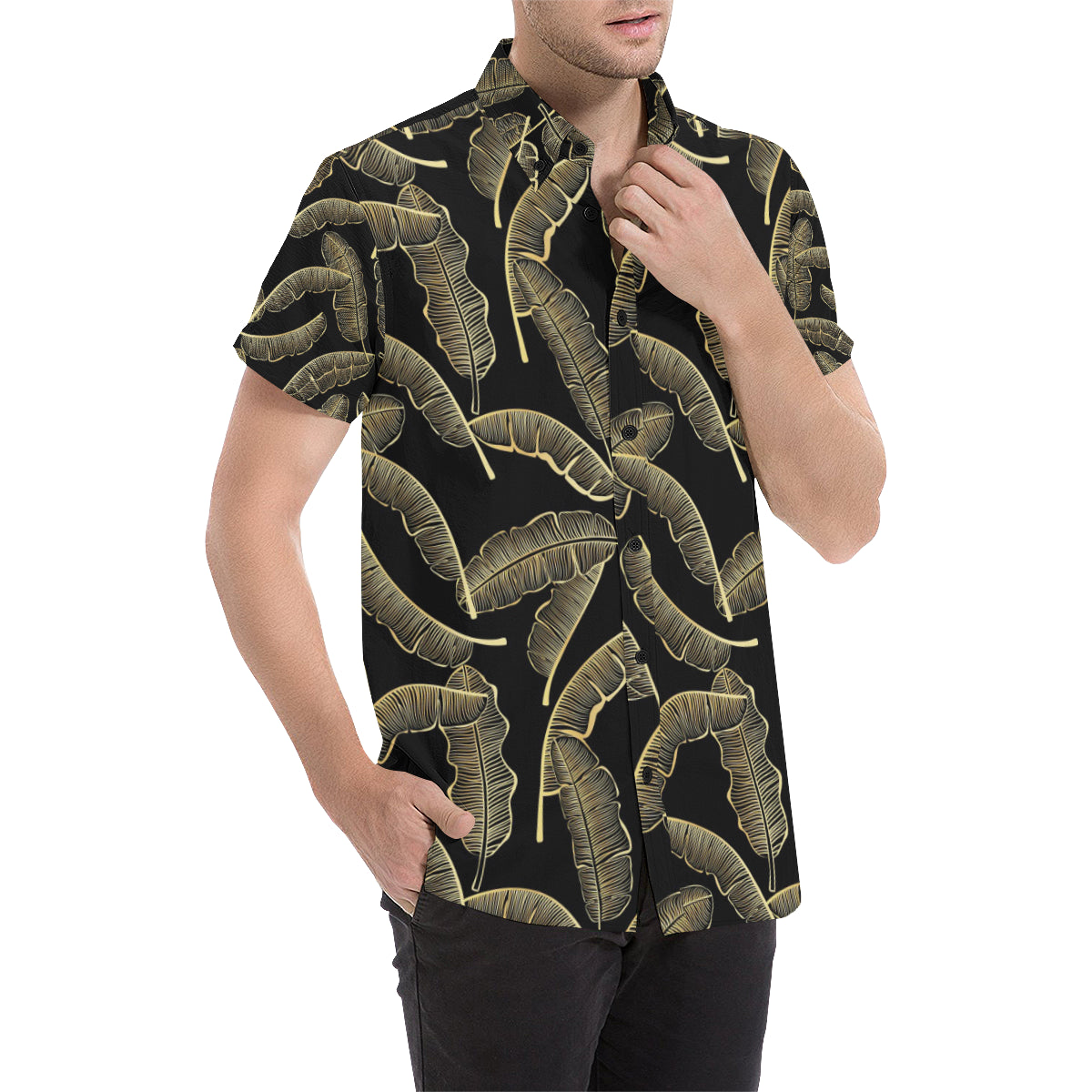 Banana Leaf Pattern Print Design BL07 Men's Short Sleeve Button Up Shirt