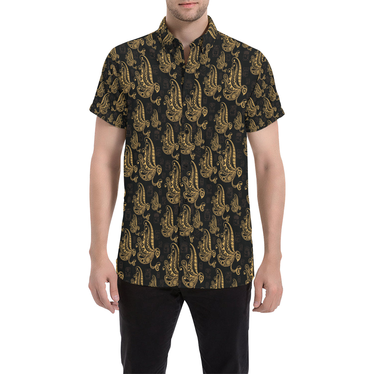 Owl Tribal Polynesian Design Print Men's Short Sleeve Button Up Shirt