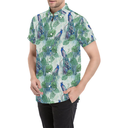 Peacock Pattern Print Design A02 Men's Short Sleeve Button Up Shirt