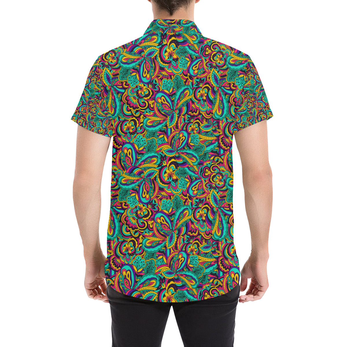 Psychedelic Trippy Floral Design Men's Short Sleeve Button Up Shirt