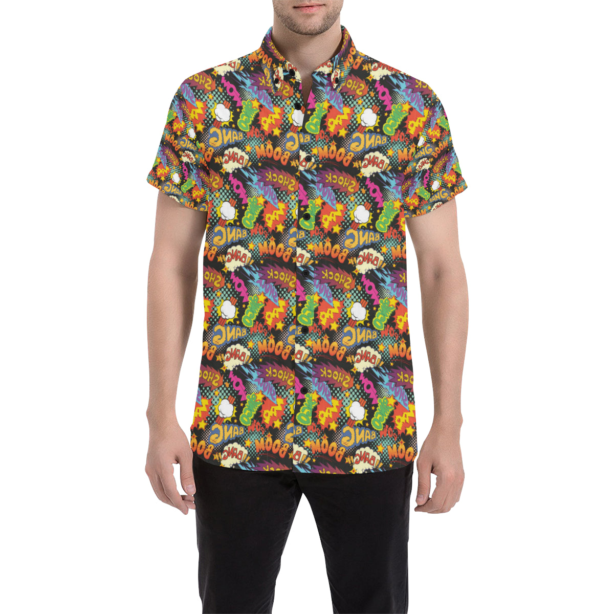 Comic Book Pattern Print Design 01 Men's Short Sleeve Button Up Shirt