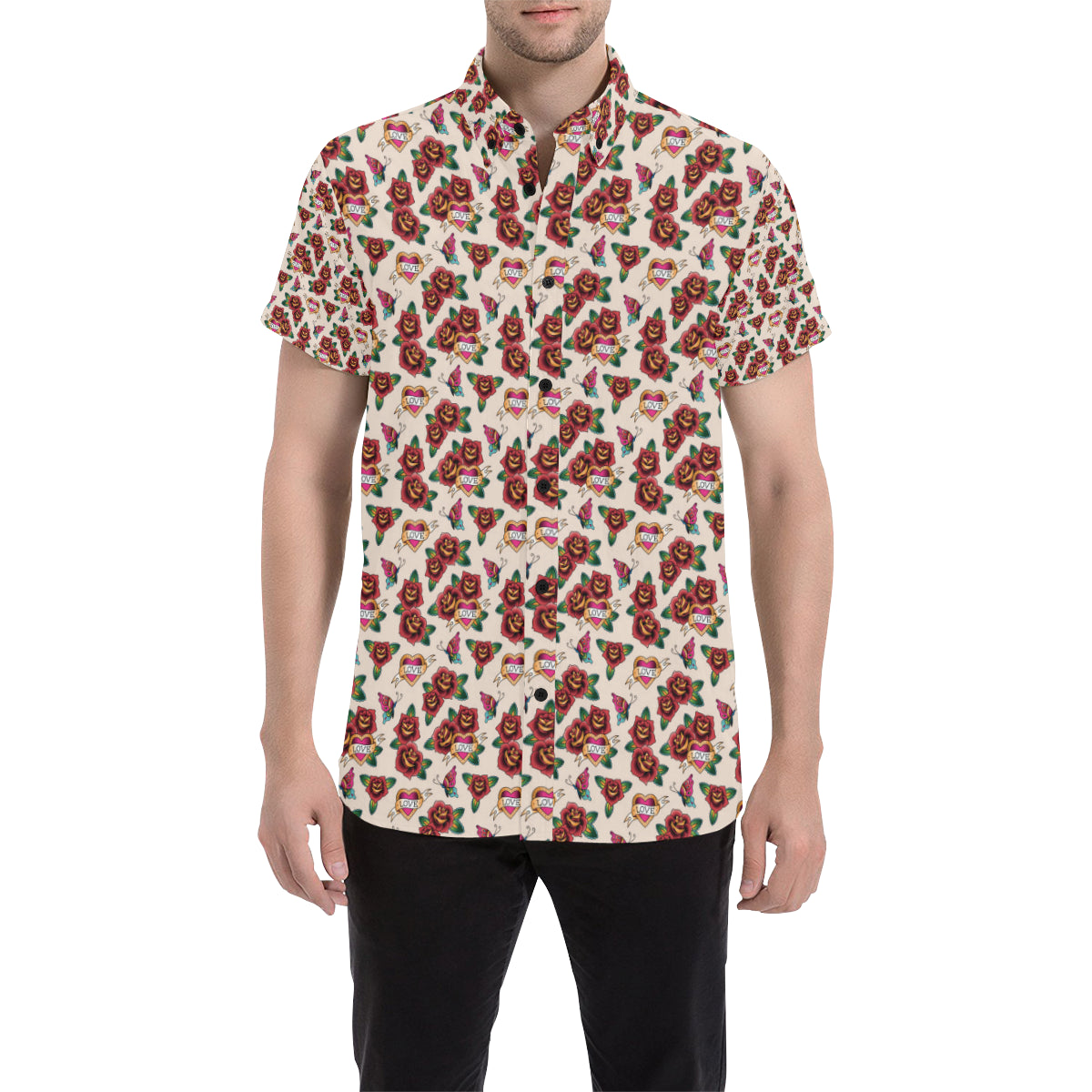 Old School Tattoo Rose Pattern Men's Short Sleeve Button Up Shirt