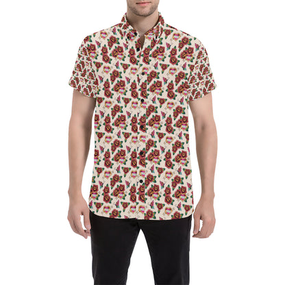 Old School Tattoo Rose Pattern Men's Short Sleeve Button Up Shirt