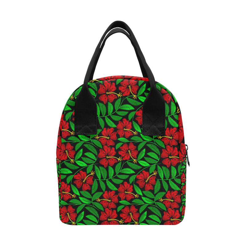 Red Hibiscus Embroidered Pattern Print Design HB03 Insulated Lunch Bag