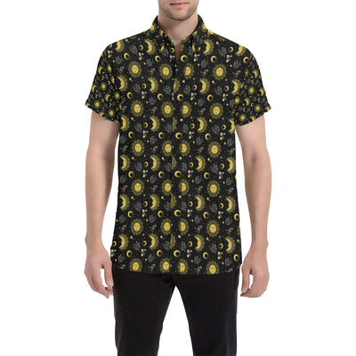 Sun Moon Golden Design Themed Print Men's Short Sleeve Button Up Shirt