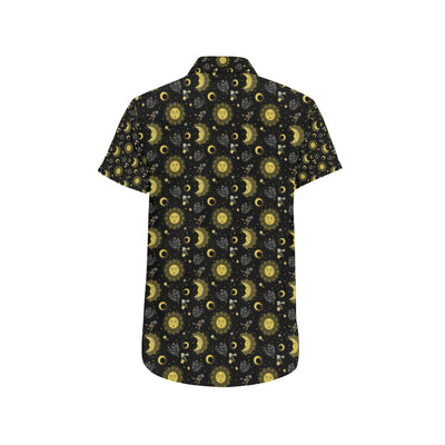 Sun Moon Golden Design Themed Print Men's Short Sleeve Button Up Shirt