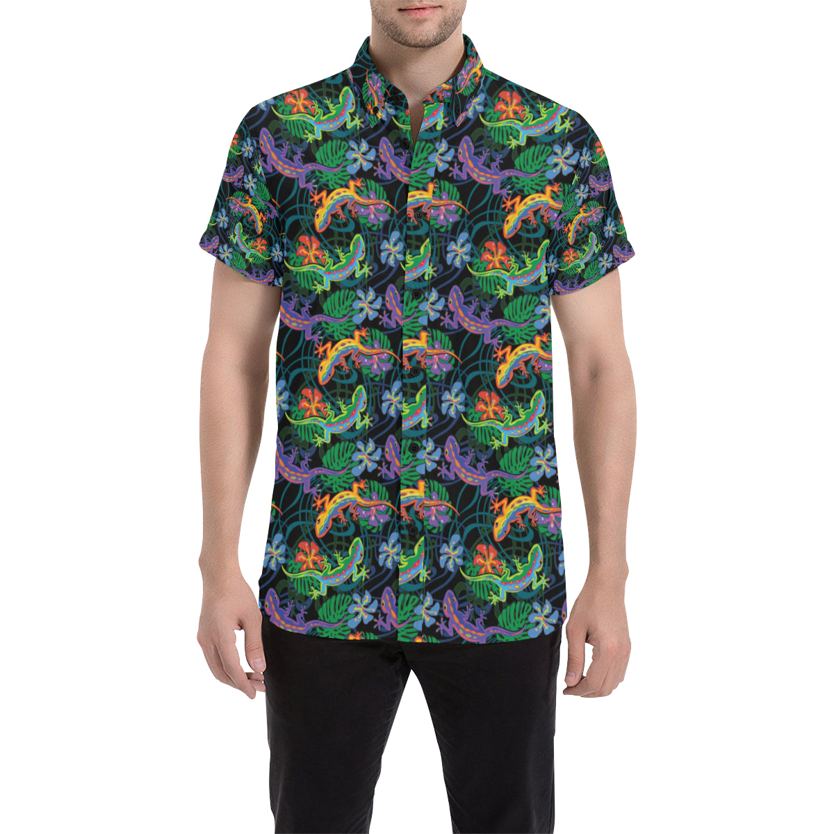 Gecko Colorful Pattern Print Design 01 Men's Short Sleeve Button Up Shirt