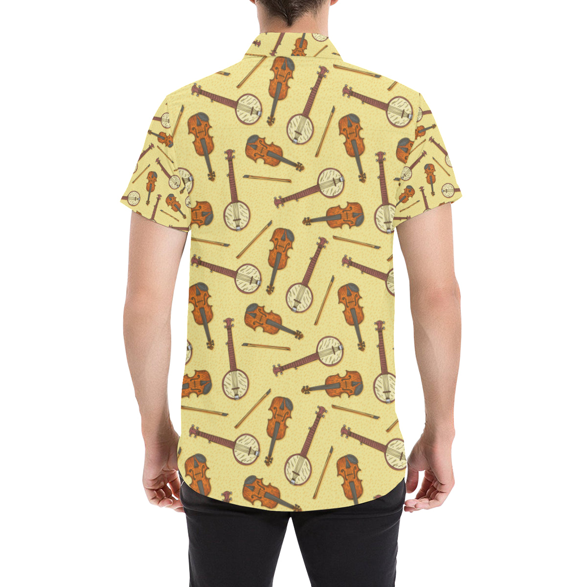 Banjo Violin Pattern Print Design 01 Men's Short Sleeve Button Up Shirt