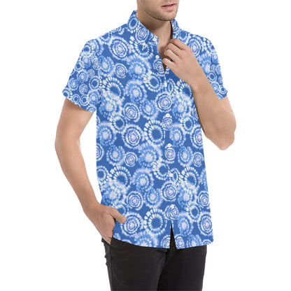 Tie Dye Blue Design Print Men's Short Sleeve Button Up Shirt