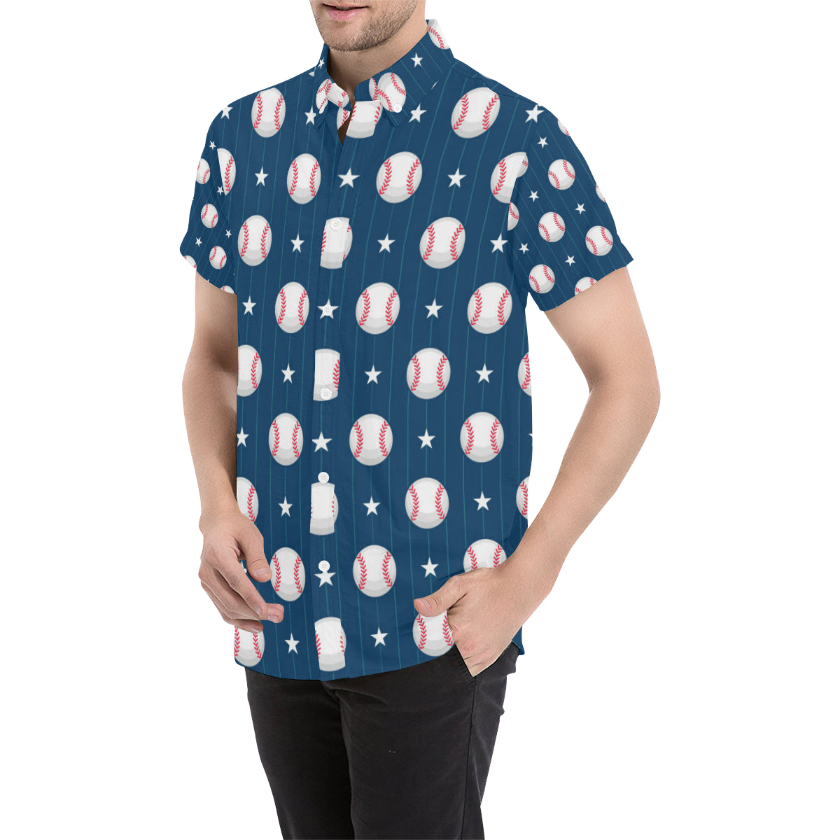 Baseball Star Print Pattern Men's Short Sleeve Button Up Shirt
