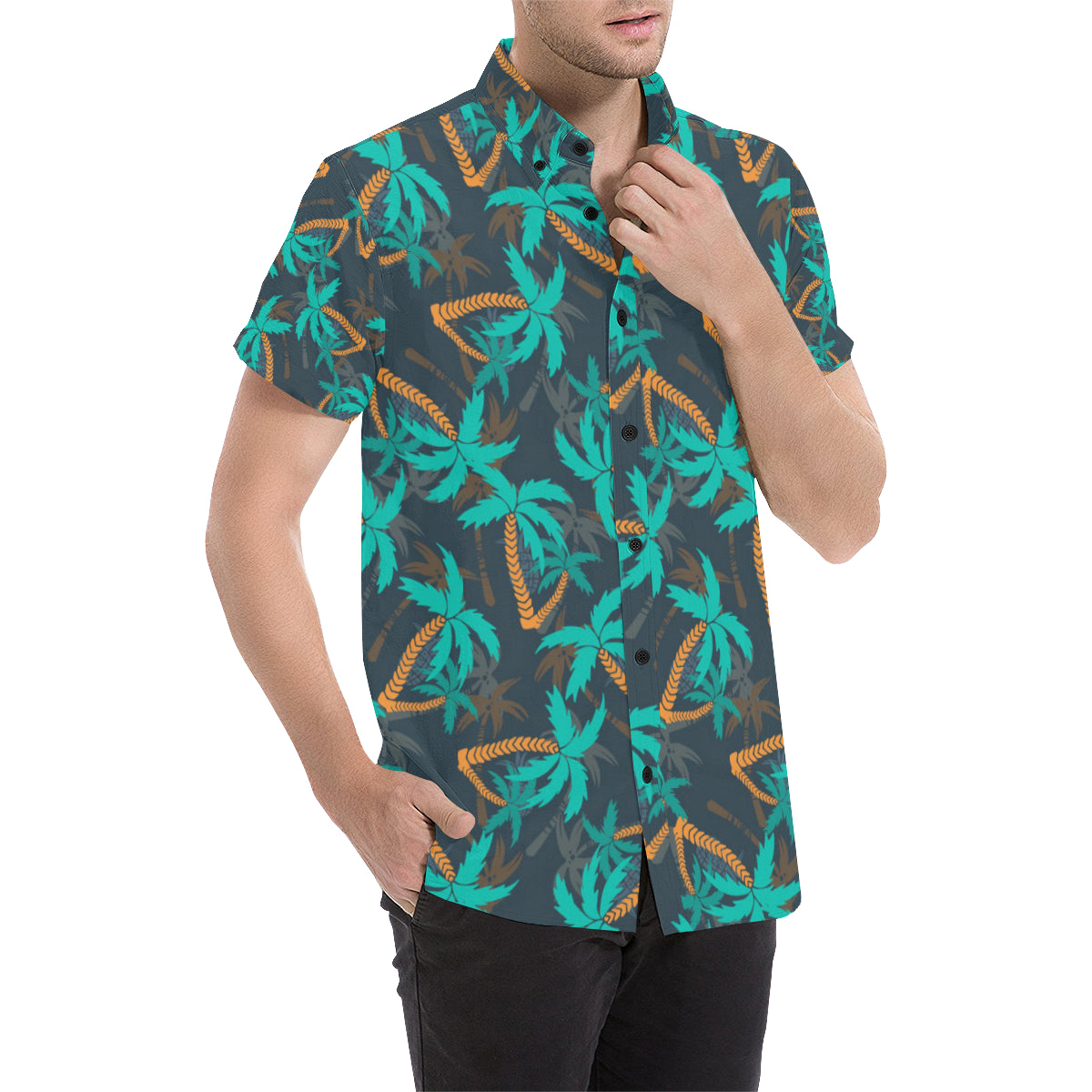 Palm Tree Pattern Print Design PT01 Men's Short Sleeve Button Up Shirt
