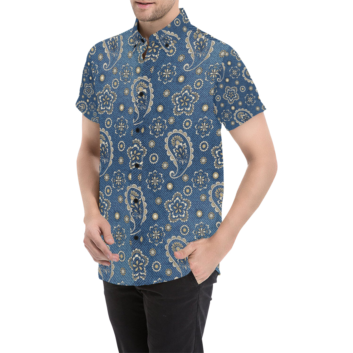 Jean Paisley Pattern Print Design 01 Men's Short Sleeve Button Up Shirt