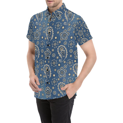 Jean Paisley Pattern Print Design 01 Men's Short Sleeve Button Up Shirt