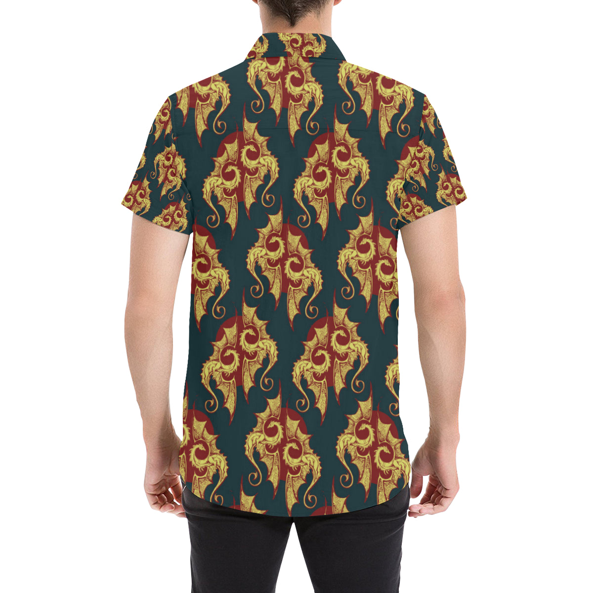 Dragons Gold Design Pattern Men's Short Sleeve Button Up Shirt