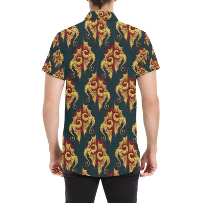 Dragons Gold Design Pattern Men's Short Sleeve Button Up Shirt