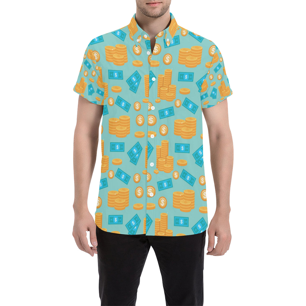 Money Pattern Print Design 03 Men's Short Sleeve Button Up Shirt