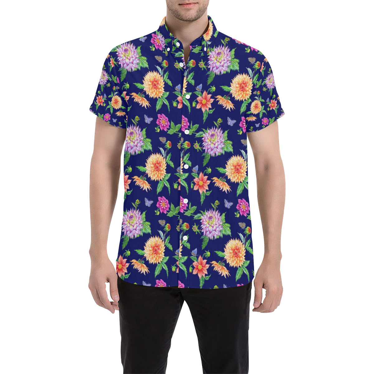 Dahlia Pattern Print Design DH010 Men's Short Sleeve Button Up Shirt