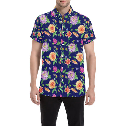 Dahlia Pattern Print Design DH010 Men's Short Sleeve Button Up Shirt