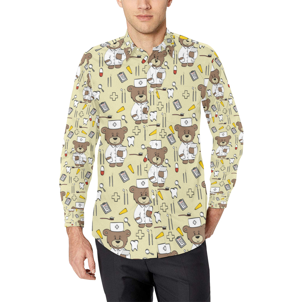 Nurse Bear Pattern Print Design A02 Men's Long Sleeve Shirt