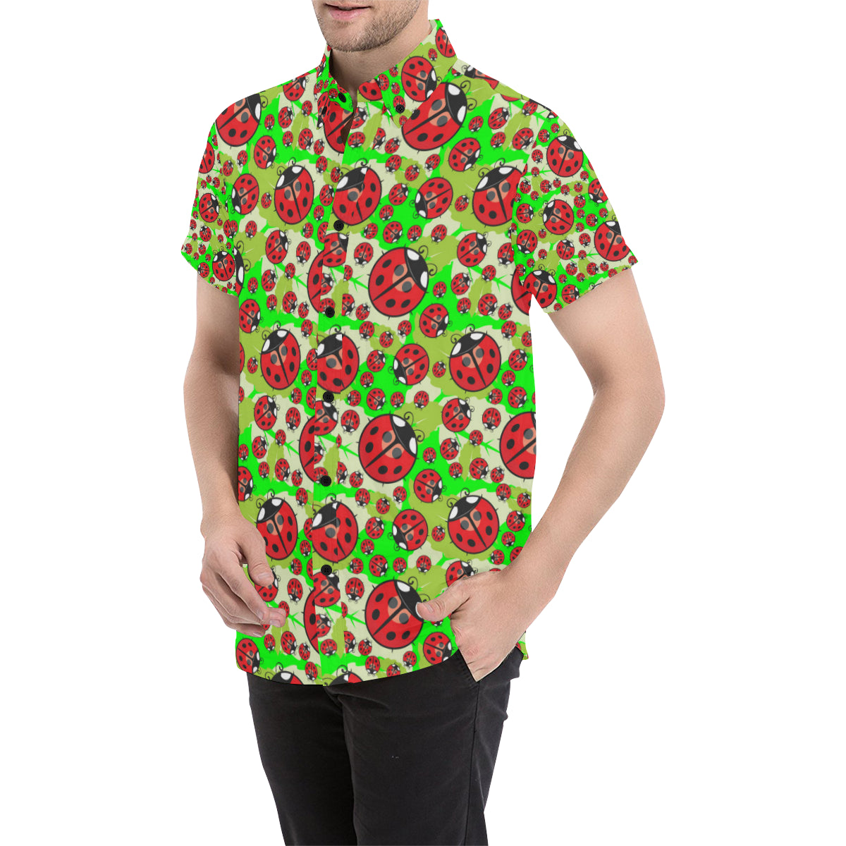 Ladybug with Leaf Print Pattern Men's Short Sleeve Button Up Shirt