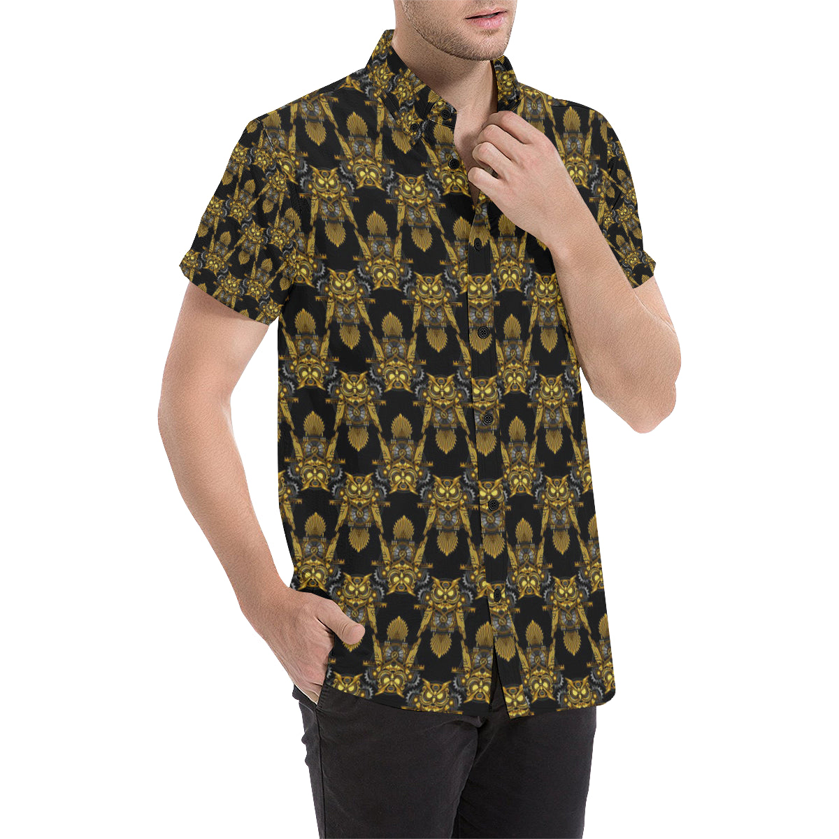 Steampunk Gold Owl Design Themed Print Men's Short Sleeve Button Up Shirt