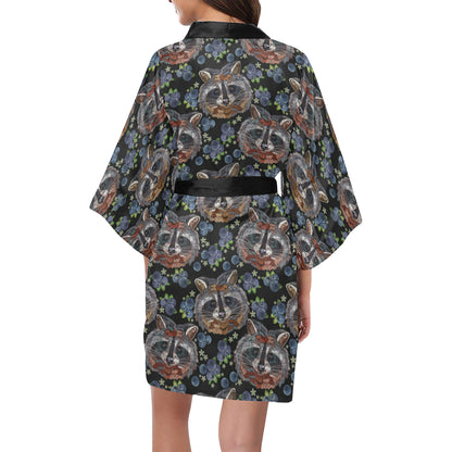 Raccoon Pattern Print Design A03 Women's Short Kimono