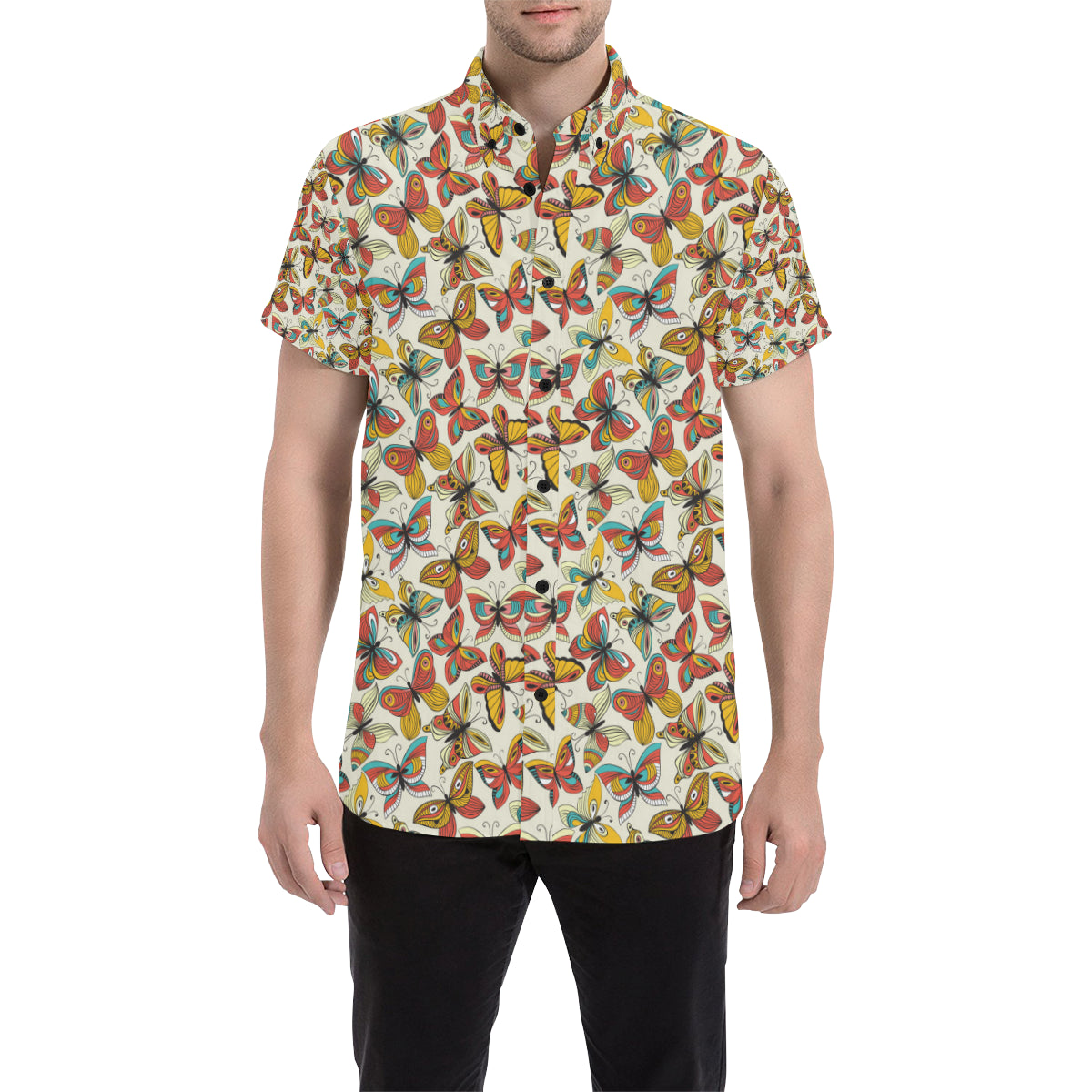 Butterfly Pattern Print Design 02 Men's Short Sleeve Button Up Shirt