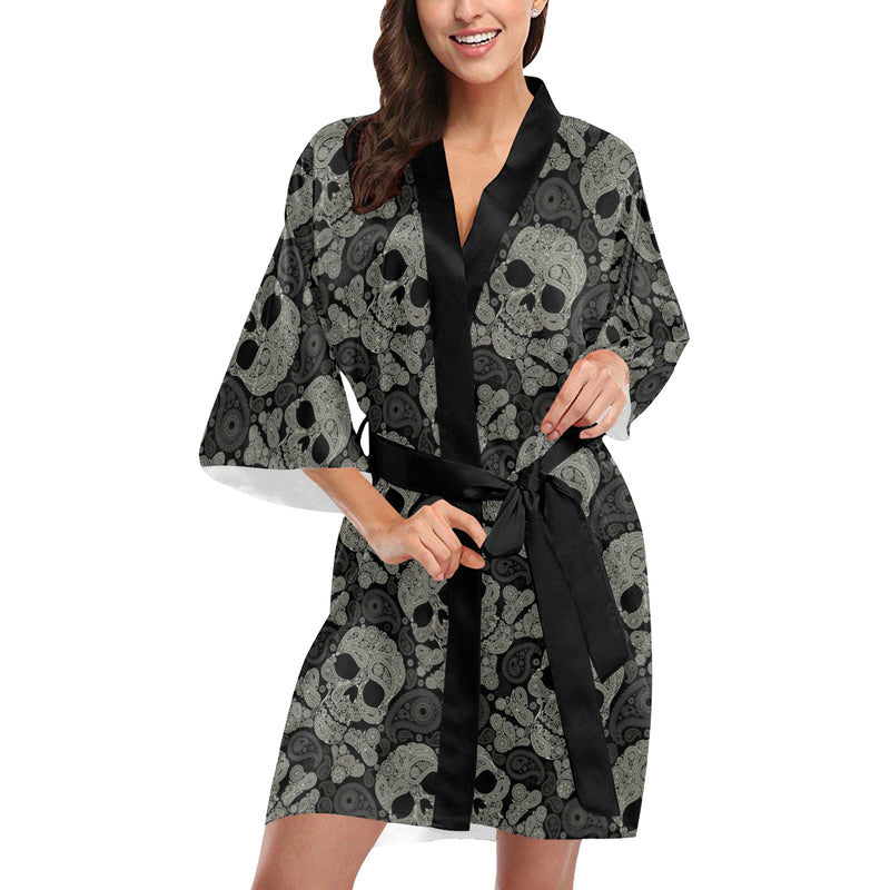 Paisley Skull Pattern Print Design A01 Women's Short Kimono