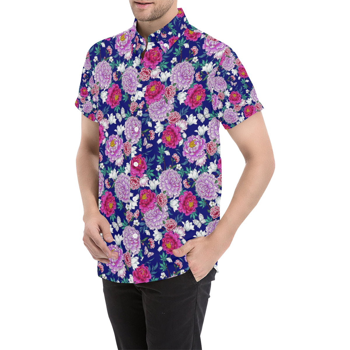 Dahlia Pattern Print Design DH013 Men's Short Sleeve Button Up Shirt