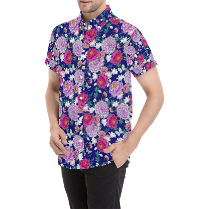 Dahlia Pattern Print Design DH013 Men's Short Sleeve Button Up Shirt