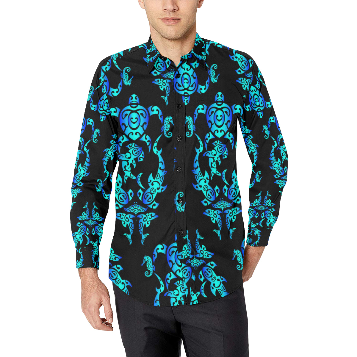 Sea turtle Polynesian Tribal Hawaiian Men's Long Sleeve Shirt