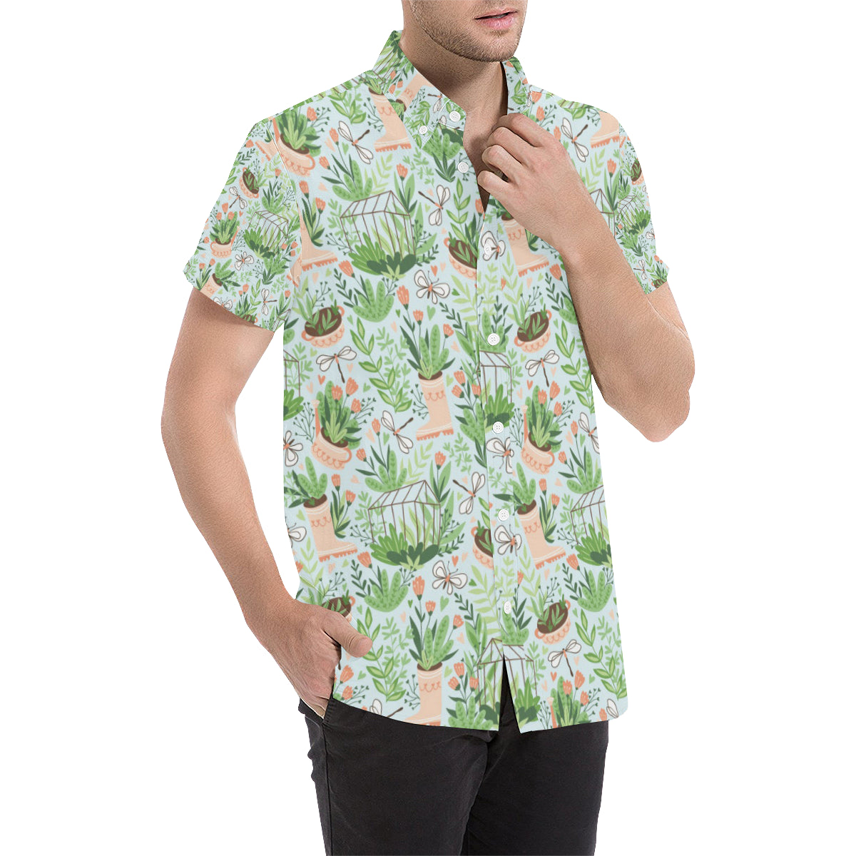 Gardening Pattern Print Design G04 Men's Short Sleeve Button Up Shirt