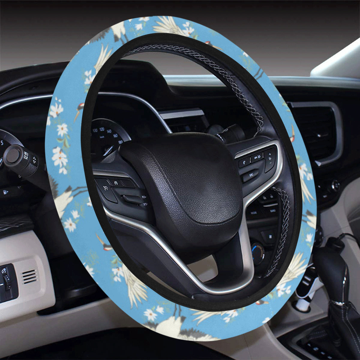 Crane Pattern Print Design 03 Steering Wheel Cover with Elastic Edge