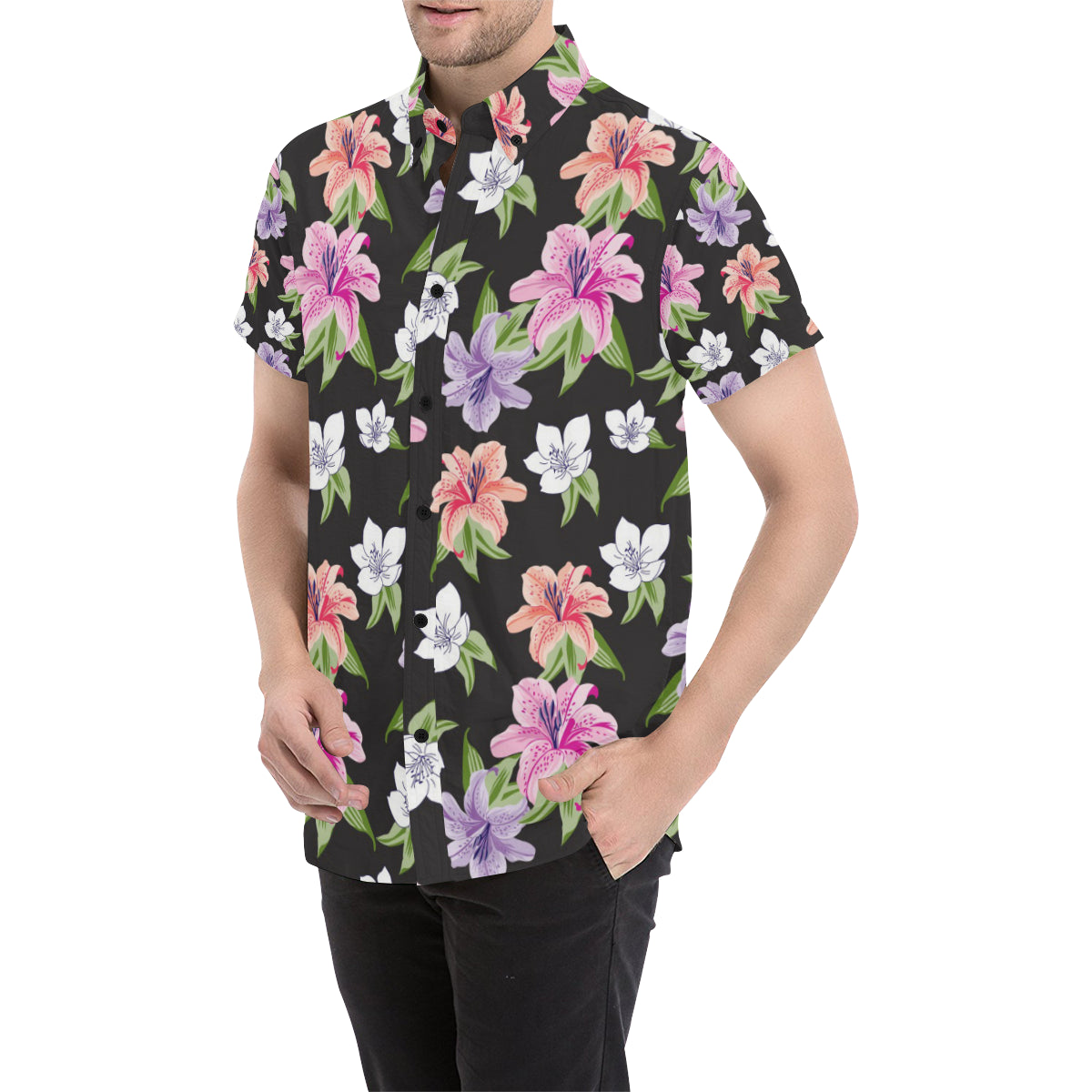 Lily Pattern Print Design LY02 Men's Short Sleeve Button Up Shirt