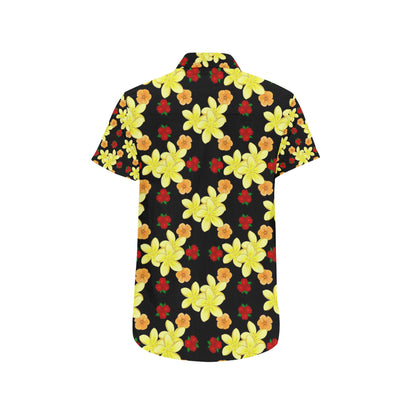 Yellow Plumeria Pattern Print Design PM04 Men's Short Sleeve Button Up Shirt