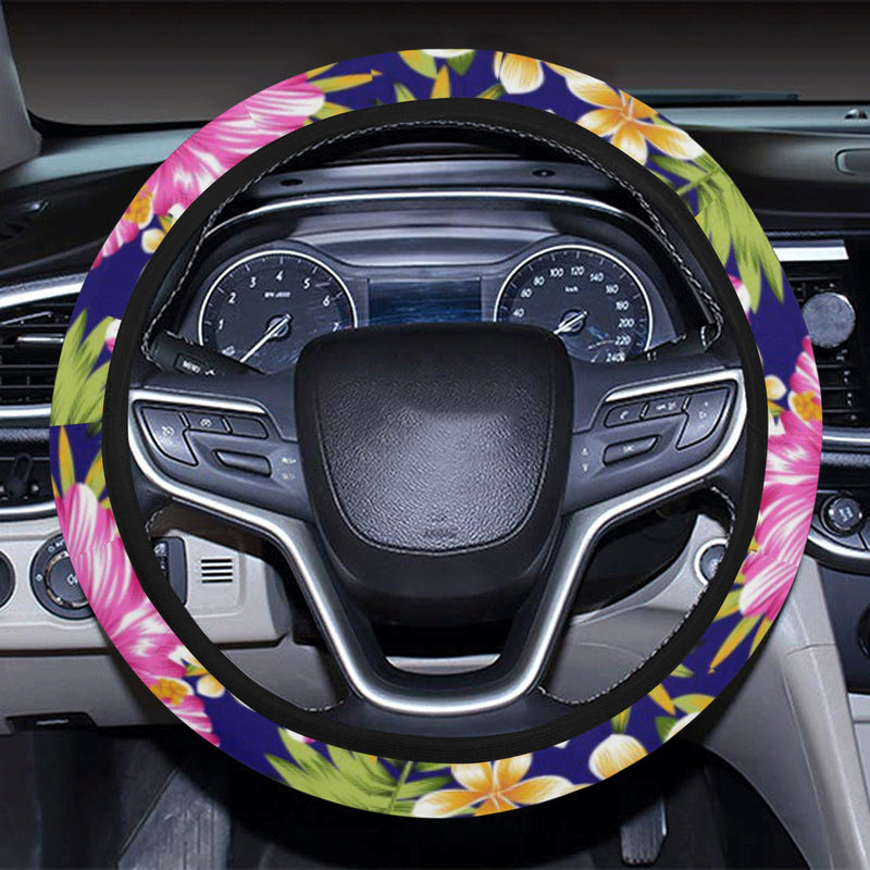 Pink Hibiscus Pattern Print Design HB027 Steering Wheel Cover with Elastic Edge