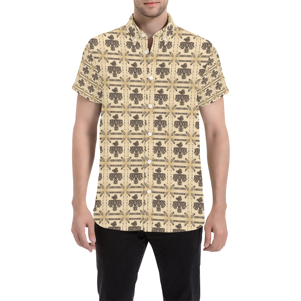 Native American Themed Design Print Men's Short Sleeve Button Up Shirt