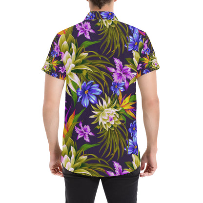 Water Lily Pattern Print Design WL08 Men's Short Sleeve Button Up Shirt