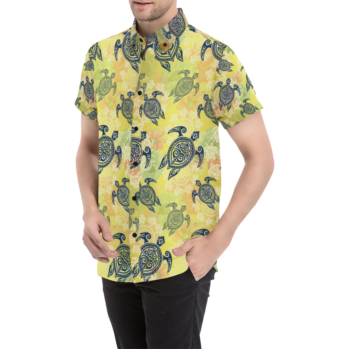 Hawaiian Turtle Tribal Design Print Men's Short Sleeve Button Up Shirt