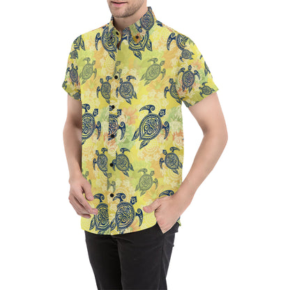 Hawaiian Turtle Tribal Design Print Men's Short Sleeve Button Up Shirt