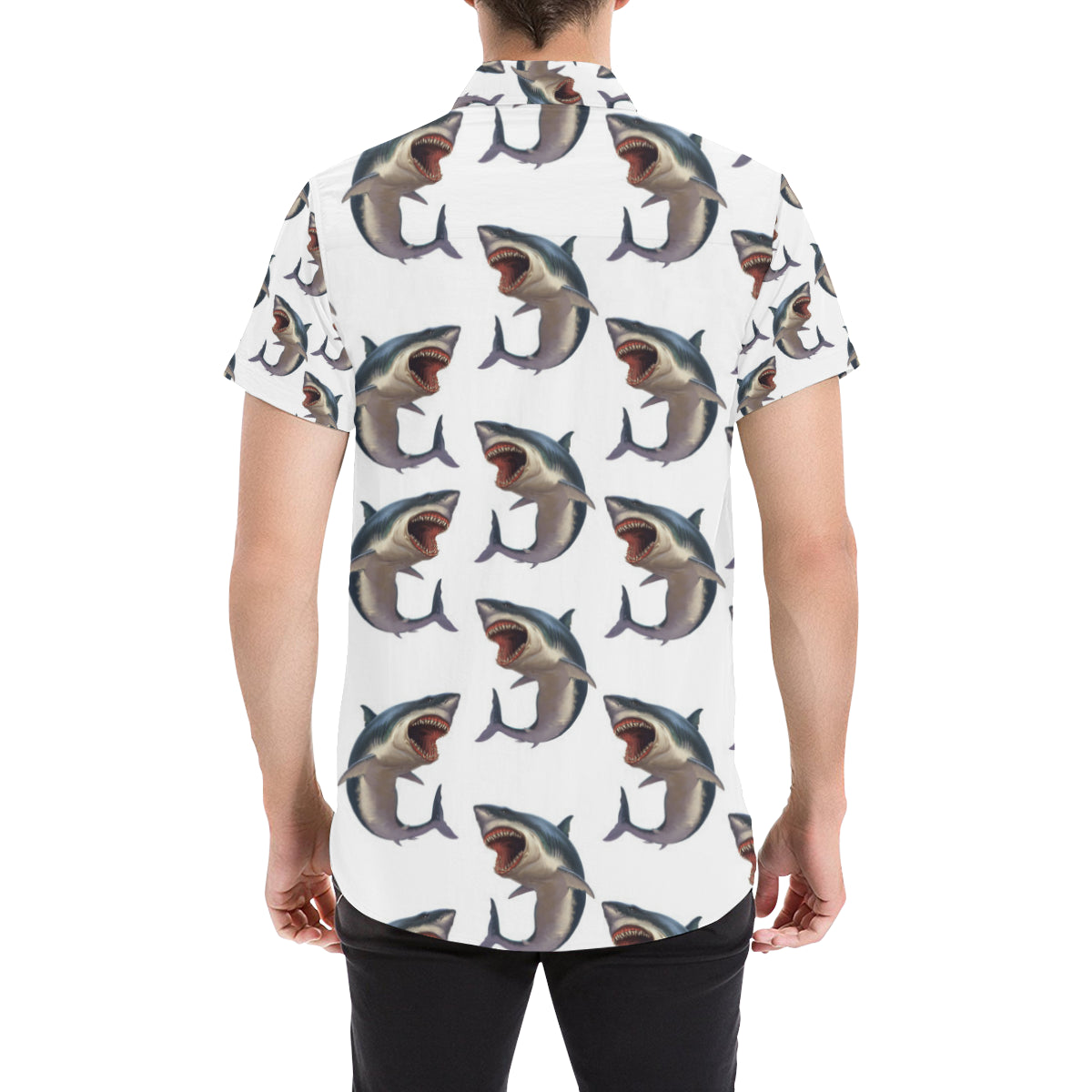 Great White Shark Pattern Print Design 03 Men's Short Sleeve Button Up Shirt