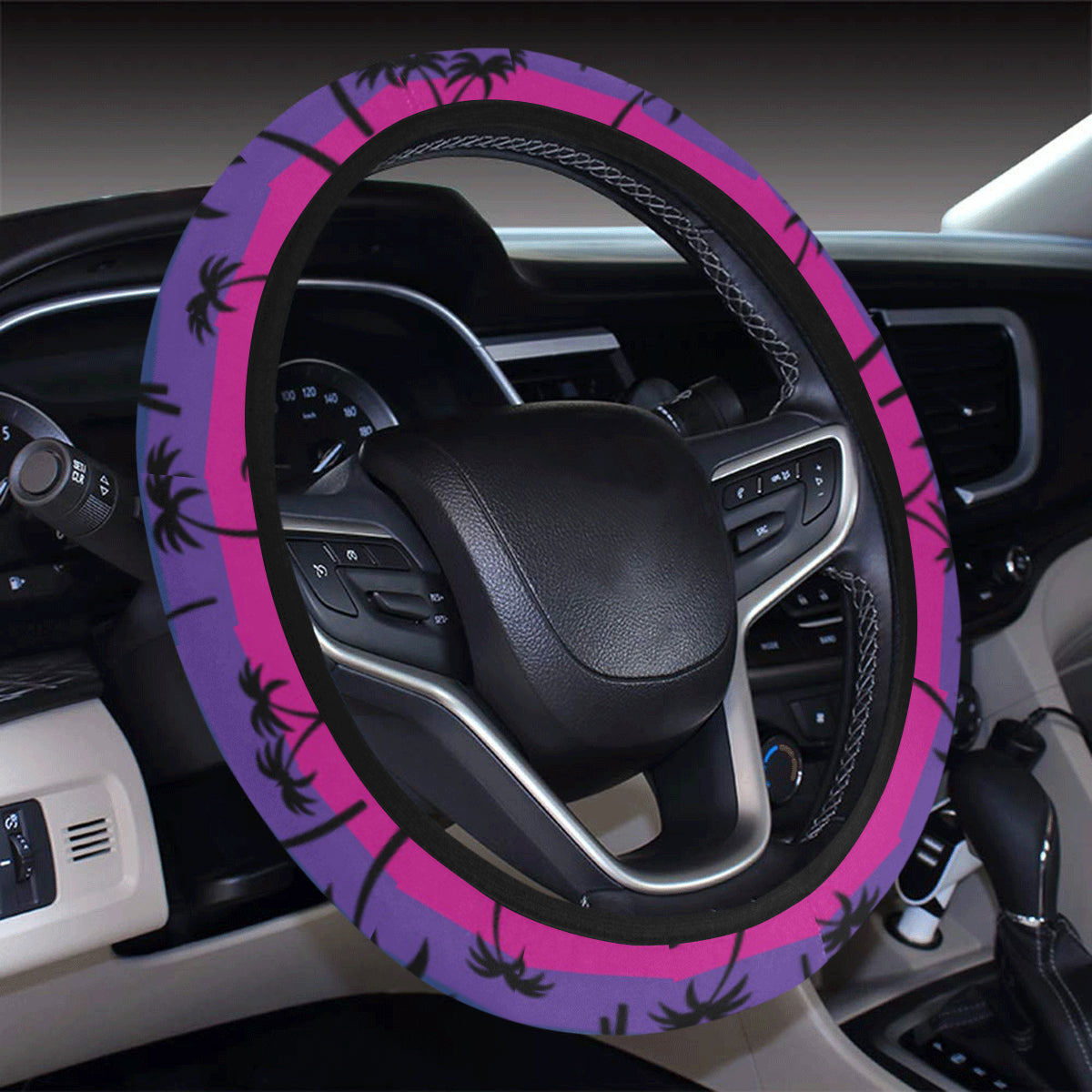 Palm Tree Rainbow Themed Print Steering Wheel Cover with Elastic Edge