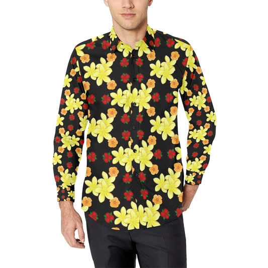 Yellow Plumeria Pattern Print Design PM04 Men's Long Sleeve Shirt