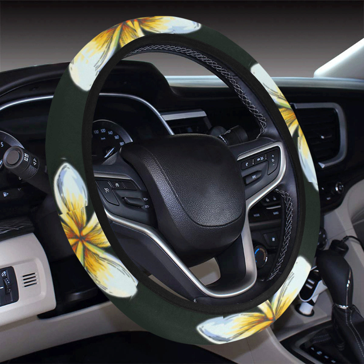 White Plumeria Pattern Print Design PM022 Steering Wheel Cover with Elastic Edge
