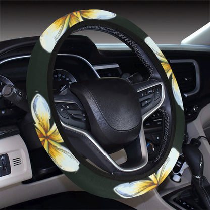 White Plumeria Pattern Print Design PM022 Steering Wheel Cover with Elastic Edge