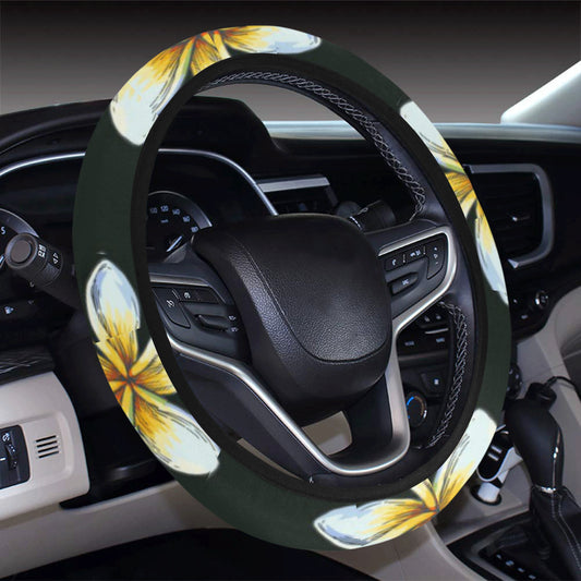White Plumeria Pattern Print Design PM022 Steering Wheel Cover with Elastic Edge