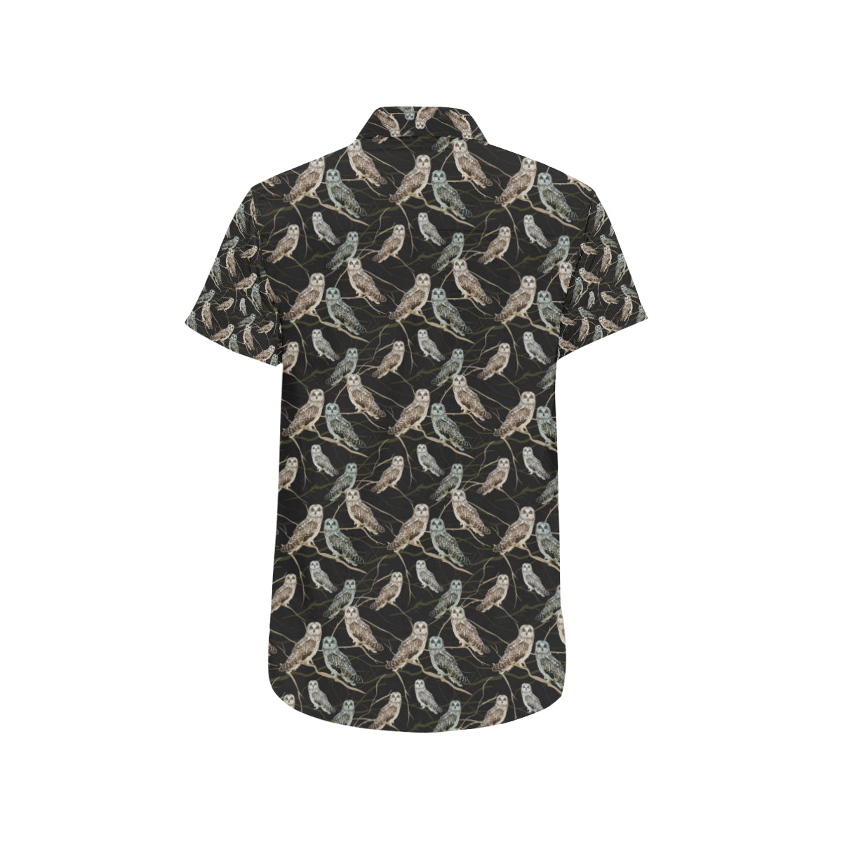 Owl Branch Themed Design Print Men's Short Sleeve Button Up Shirt