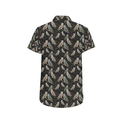 Owl Branch Themed Design Print Men's Short Sleeve Button Up Shirt