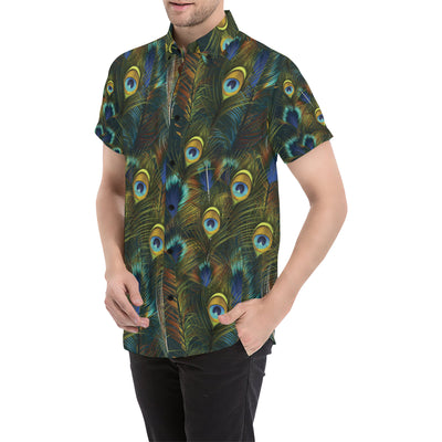 Peacock Feather Pattern Print Design A03 Men's Short Sleeve Button Up Shirt